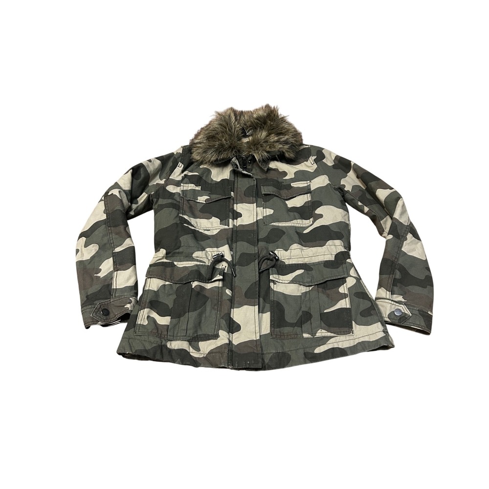 H&M Camouflage Utility Jacket Faux Fur Collar Drawstring Waist‎ Pockets Size 8